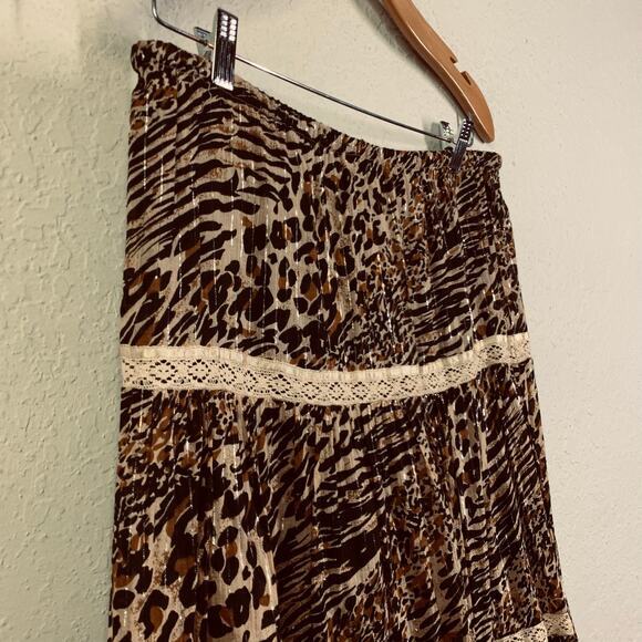 ZOE D. Skirt Maxi Leopard Lace Tiered Elastic Waist Metallic Thread Prairie - Picture 9 of 14